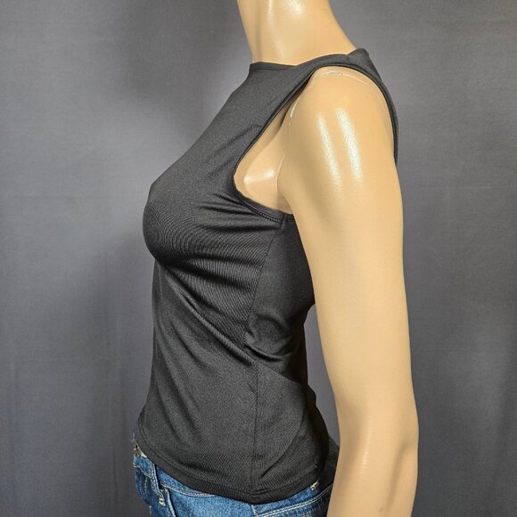 Vintage 90s Basic Black Sleeveless Boat Neck Top Size M Fitted Stretch - Picture 3 of 5